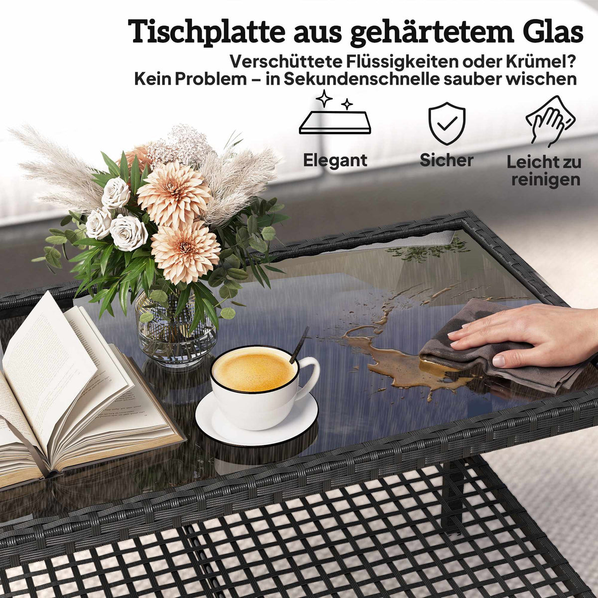 Two-Tier Rattan Coffee Table with Glass Top, Black