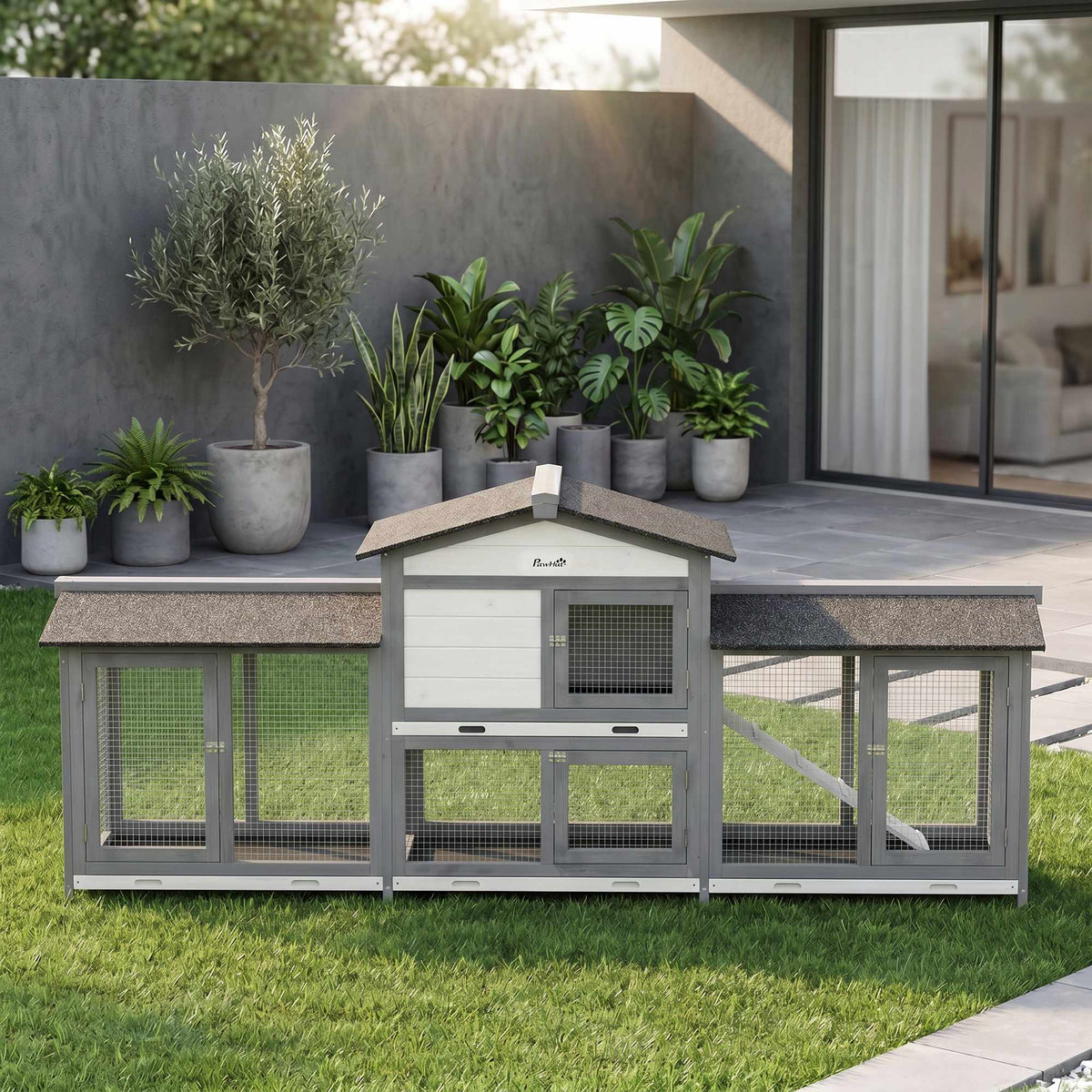 Two-Tier Wooden Rabbit Hutch with Run, 230 x 53 x 93.5 cm