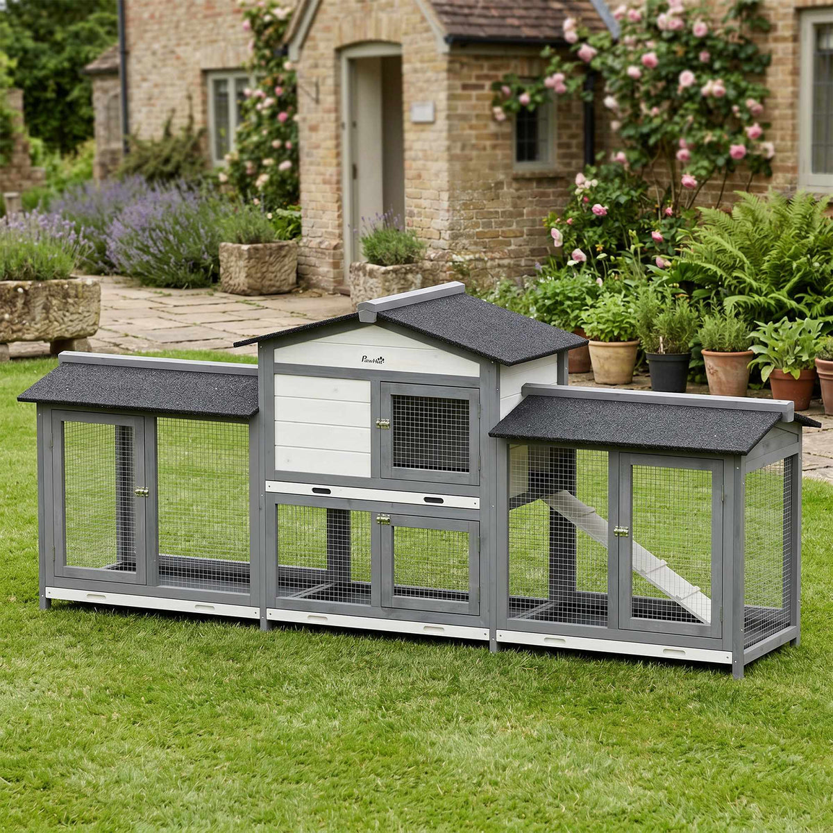 Two-Tier Wooden Rabbit Hutch with Run, 230 x 53 x 93.5 cm
