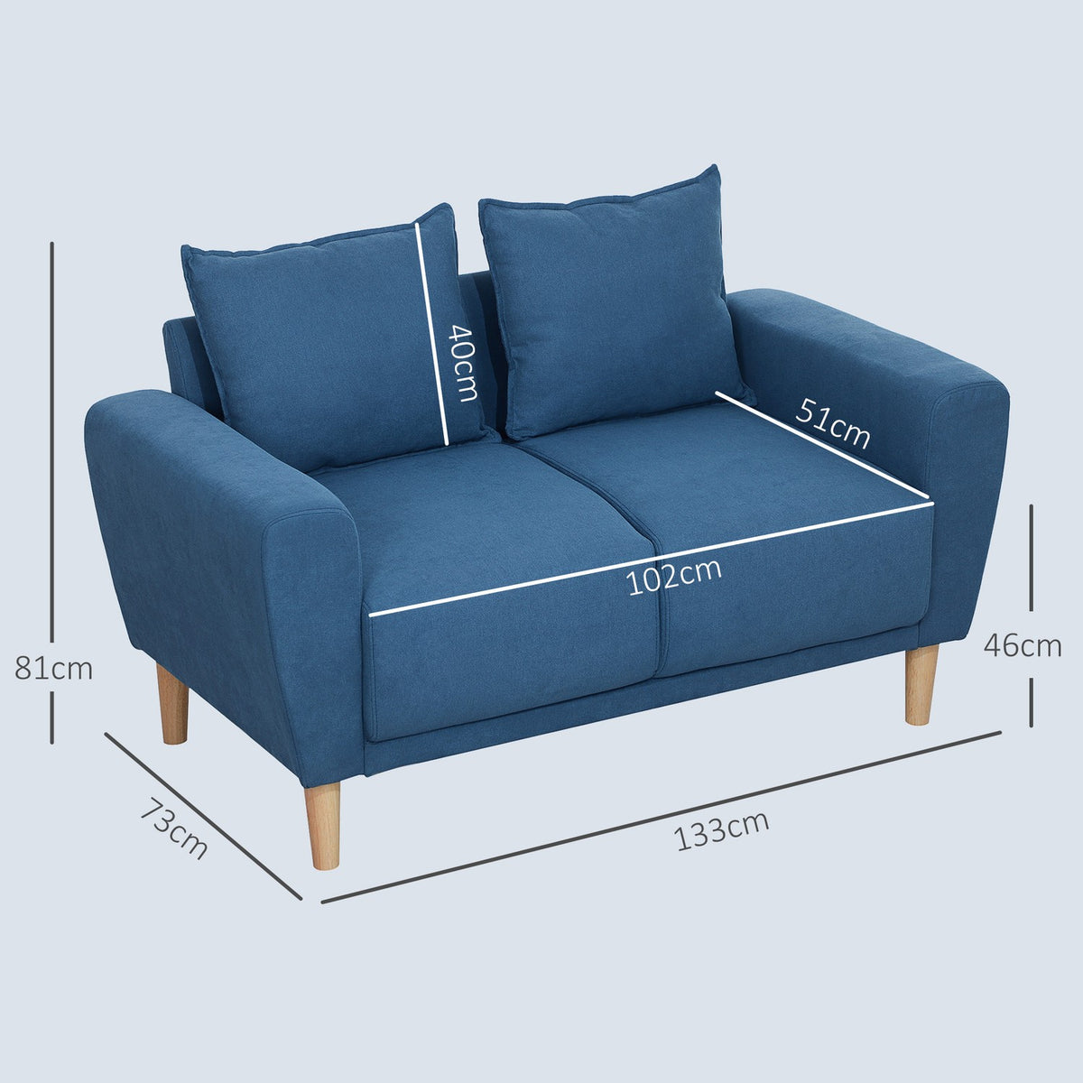 Two-seater sofa with 2 cushions, upholstered sofa with 51cm extra deep seats, double sofa made of velvet, small sofa with wooden frame, 2-seater couch for living room, bedroom, office, 133 x 73 x 81 cm, blue