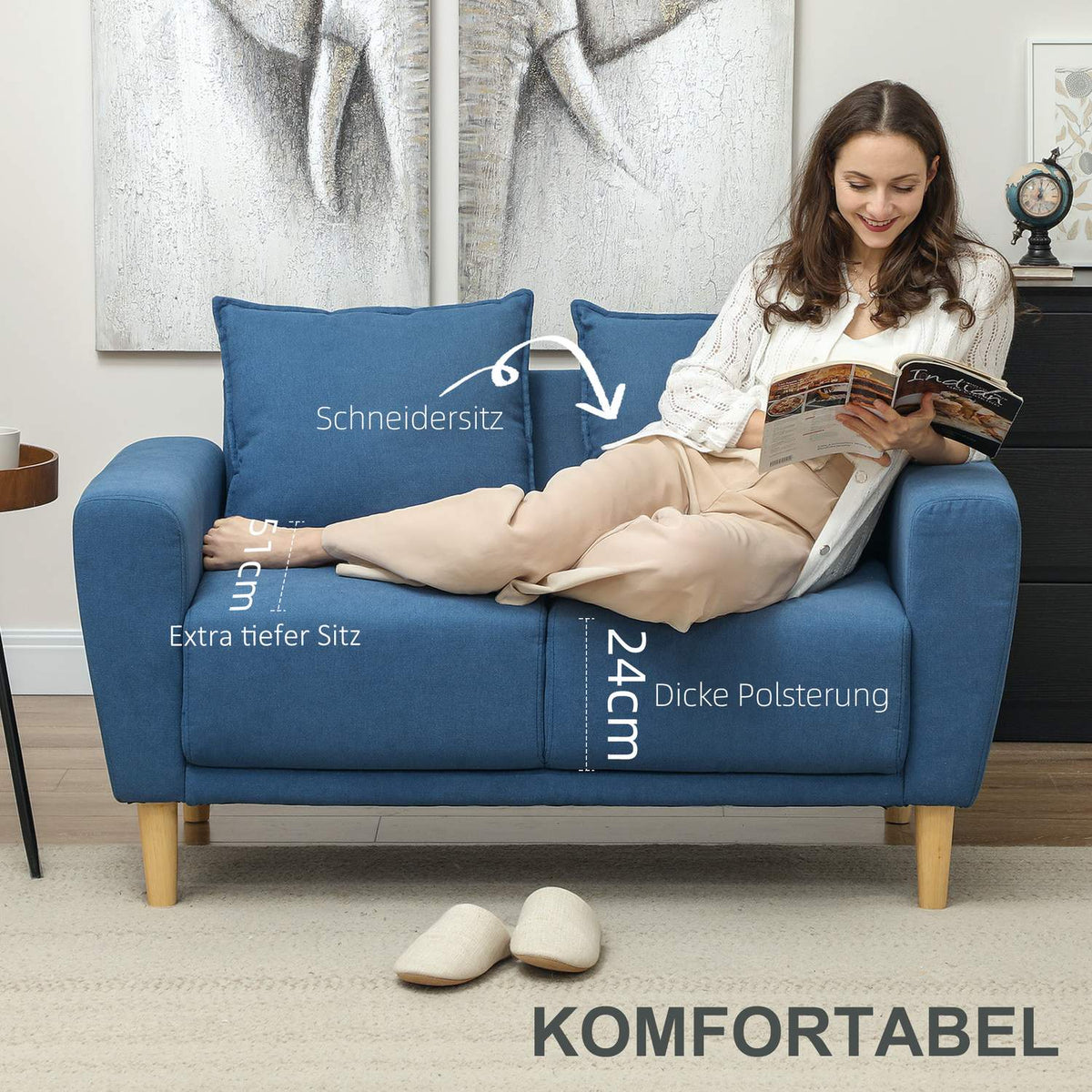 Two-seater sofa with 2 cushions, upholstered sofa with 51cm extra deep seats, double sofa made of velvet, small sofa with wooden frame, 2-seater couch for living room, bedroom, office, 133 x 73 x 81 cm, blue