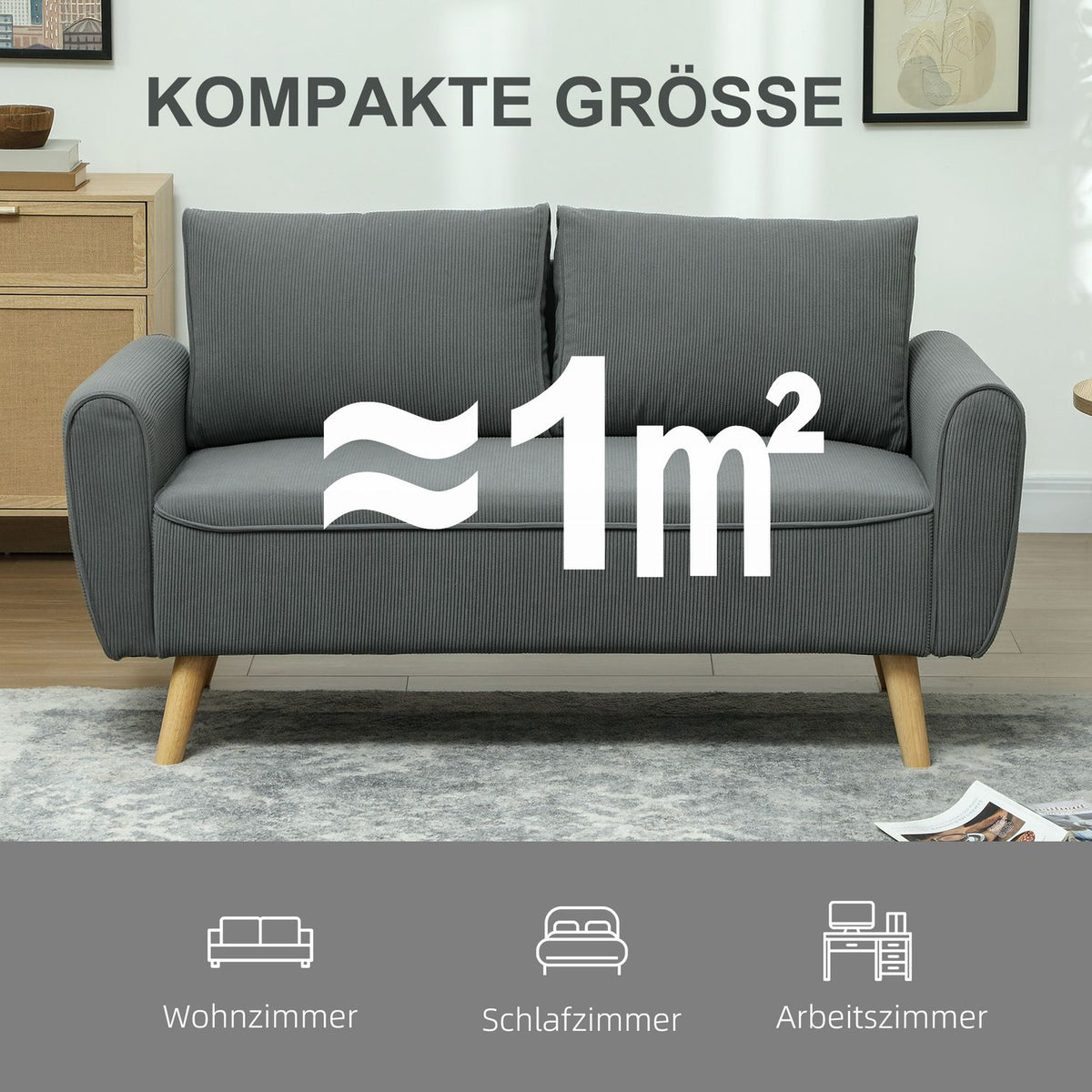 Two-seater sofa with 2 cushions, upholstered sofa with 54cm extra deep seats, double sofa made of corduroy, small sofa with wooden frame, 2-seater couch for living room, bedroom, office, 145 x 75 x 78 cm, dark gray