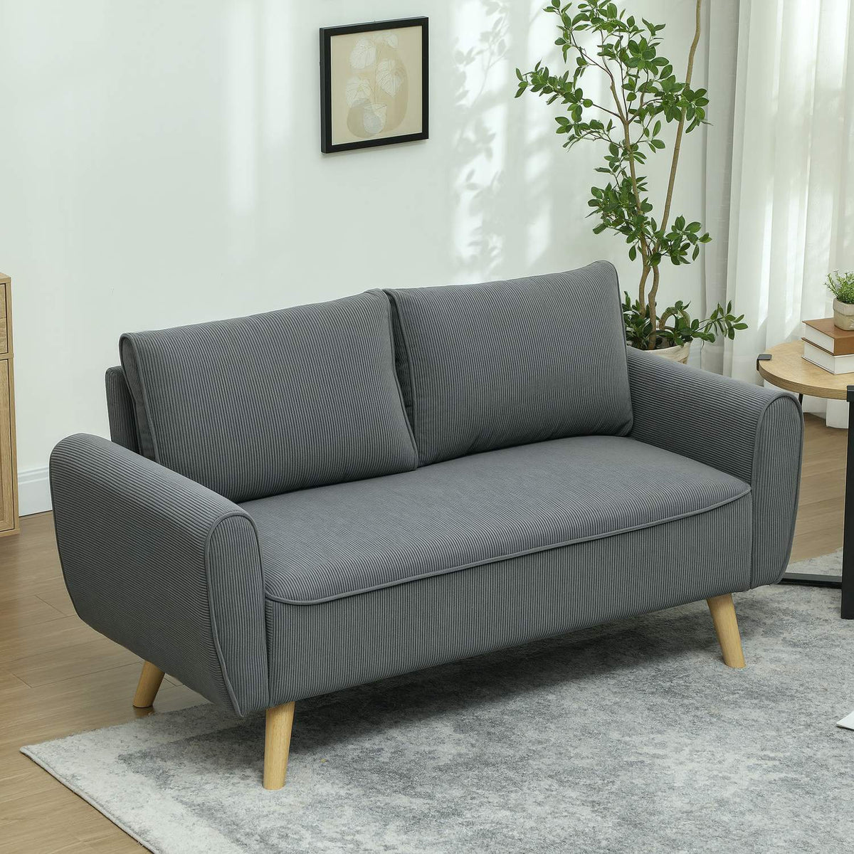 Two-seater sofa with 2 cushions, upholstered sofa with 54cm extra deep seats, double sofa made of corduroy, small sofa with wooden frame, 2-seater couch for living room, bedroom, office, 145 x 75 x 78 cm, dark gray