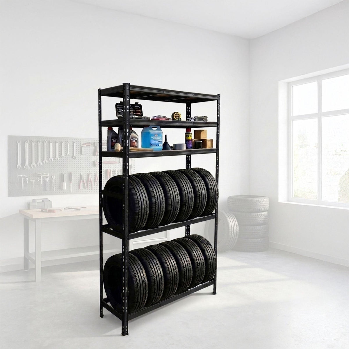 Tyre Rack, 3-Shelf Steel Storage With Adjustable Spacing