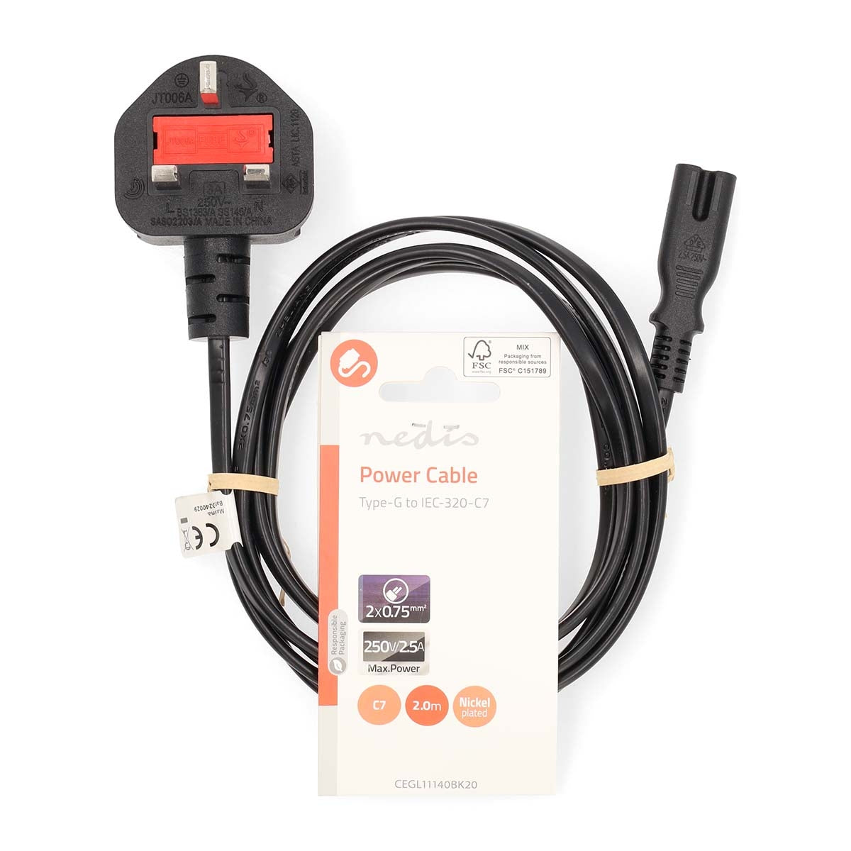 UK Power Cable | UK Male | IEC-320-C7 | 2.00 m | Yes | 2 x 0.75 mm² | Copper | Round | Nickel Plated | UK | PVC | Power plug: Type G | 250 V AC | 3 A | Black