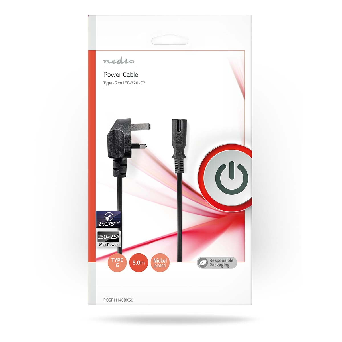 UK Power Cable | UK Male | IEC-320-C7 | 5.00 m | Yes | 2x 0.75 mm² | Copper | Round | Nickel Plated | UK | PVC | Mains plug: UK / Type G | 250 V AC | 3 A| Black