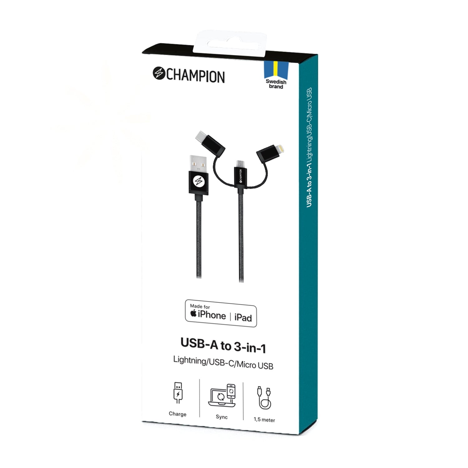 USB-A to Lightning, USB-C and Micro-USB 1.5m Black