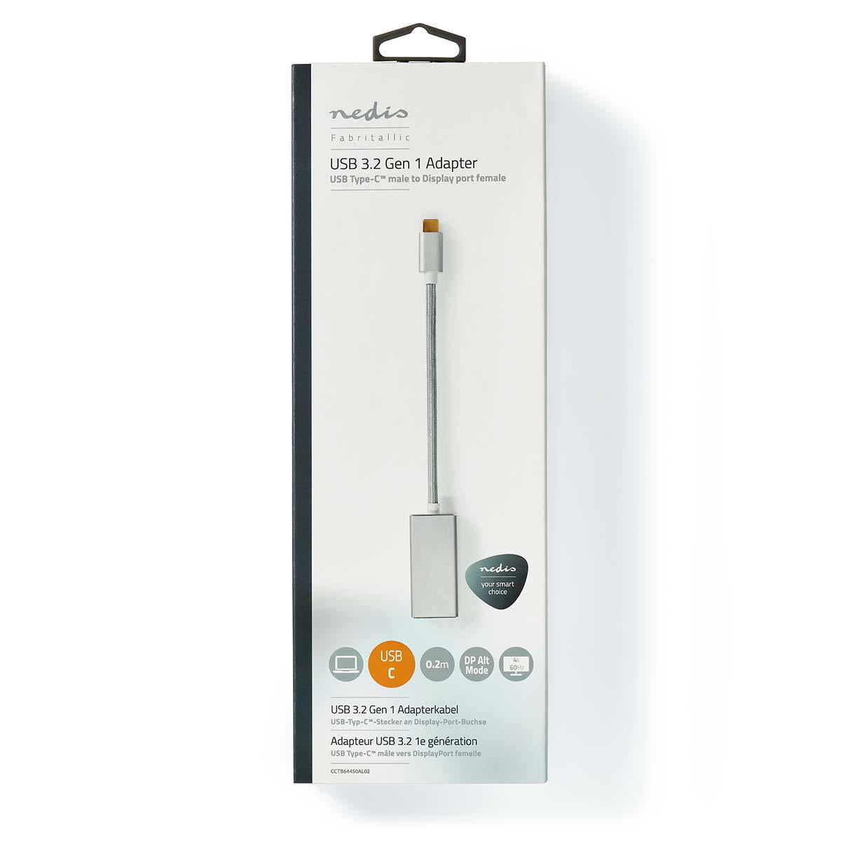 USB-C™ Adapter | USB 3.2 Gen 1 | USB-C™ Male | DisplayPort Female | 0.20 m | Round | Gold Plated | Braided / Nylon | Silver | Carton with covered window