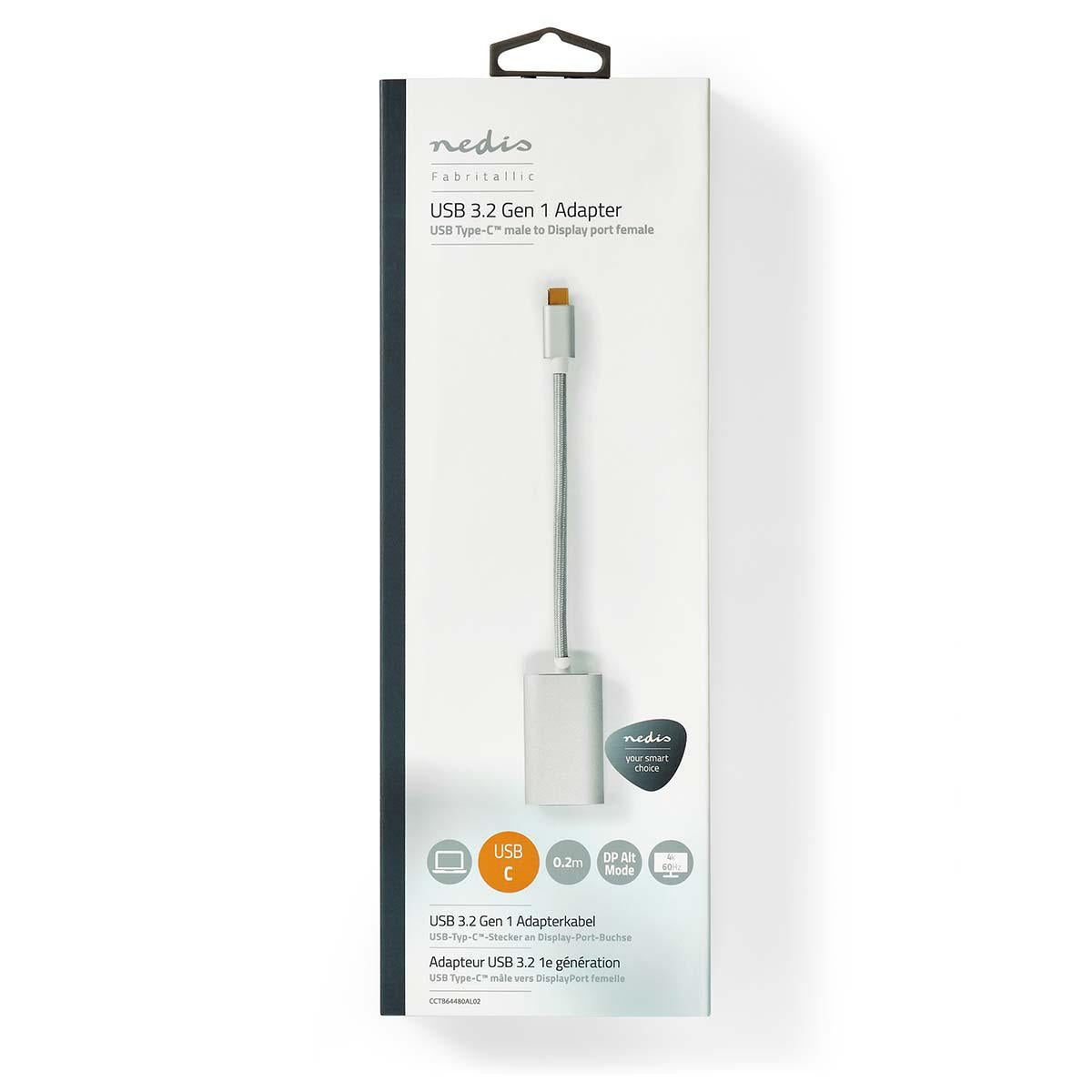 USB-C™ Adapter | USB 3.2 Gen 1 | USB-C™ Male | DisplayPort Female / USB-C™ Female | 4K@60Hz | Power delivery | 0.20 m | Round | Gold Plated | Braided / Nylon | Silver | Carton with covered window