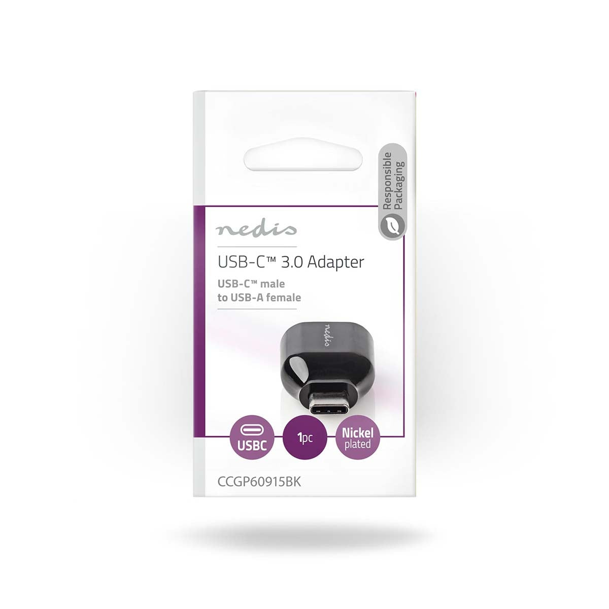 USB-C™ Adapter | USB 3.2 Gen 1 | USB-C™ Male | USB-A Female | Round | Nickel Plated | Black | Plastic bag