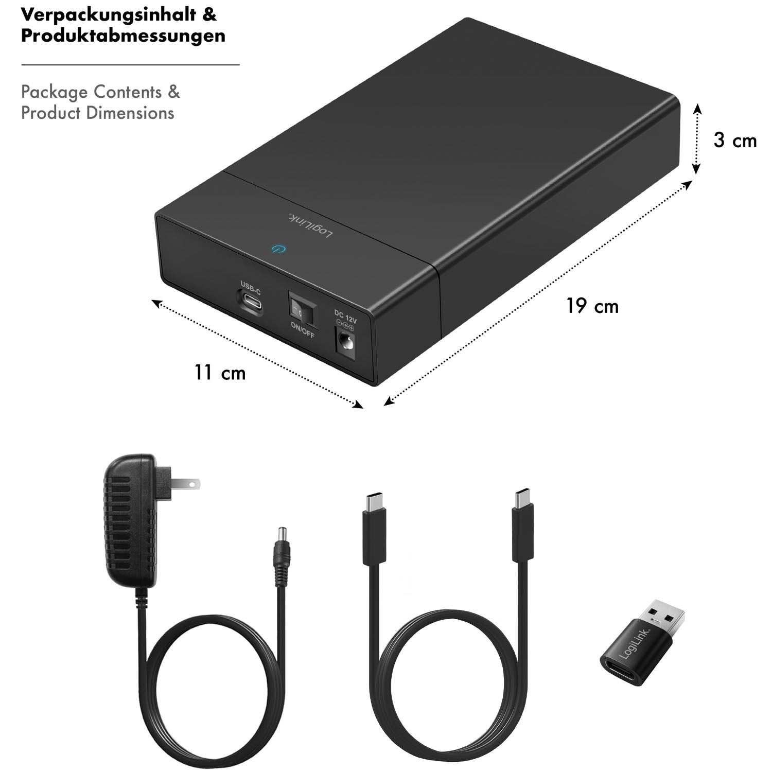USB-C SATA HDD/SSD Enclosure, 2.5"/3.5", Tool-Free, Black