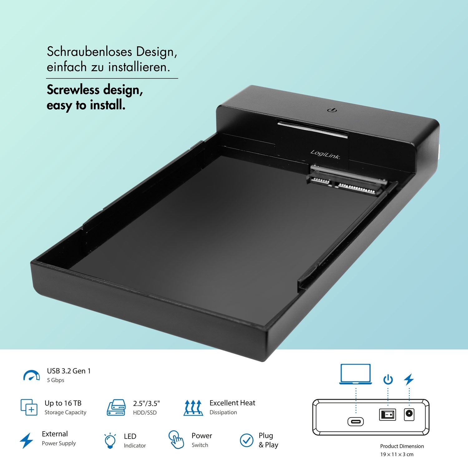 USB-C SATA HDD/SSD Enclosure, 2.5"/3.5", Tool-Free, Black