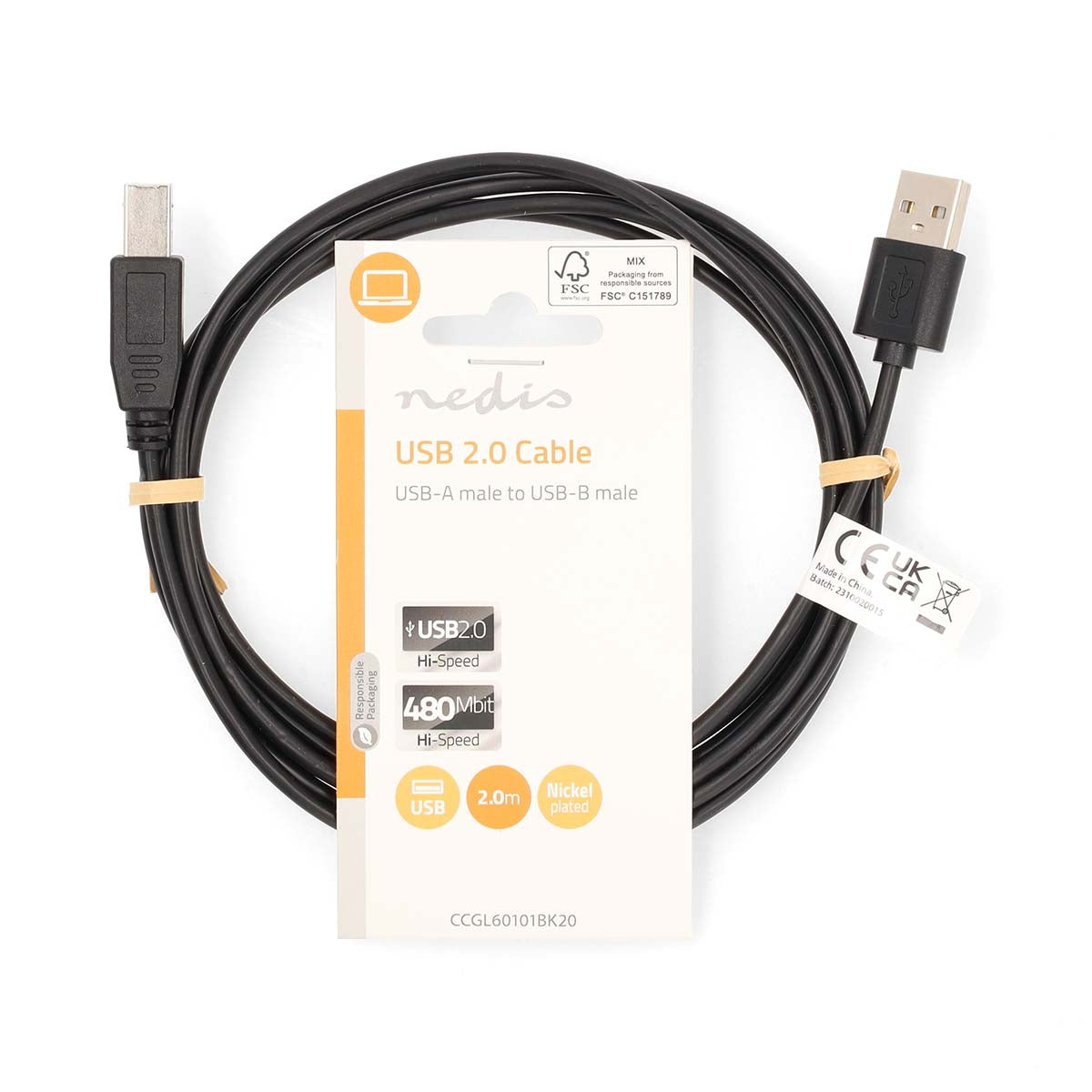 USB Cable | USB 2.0 | USB-A Male | USB-B Male | 480 Mbps | Nickel Plated | 2.00 m | Round | PVC | Black | Label