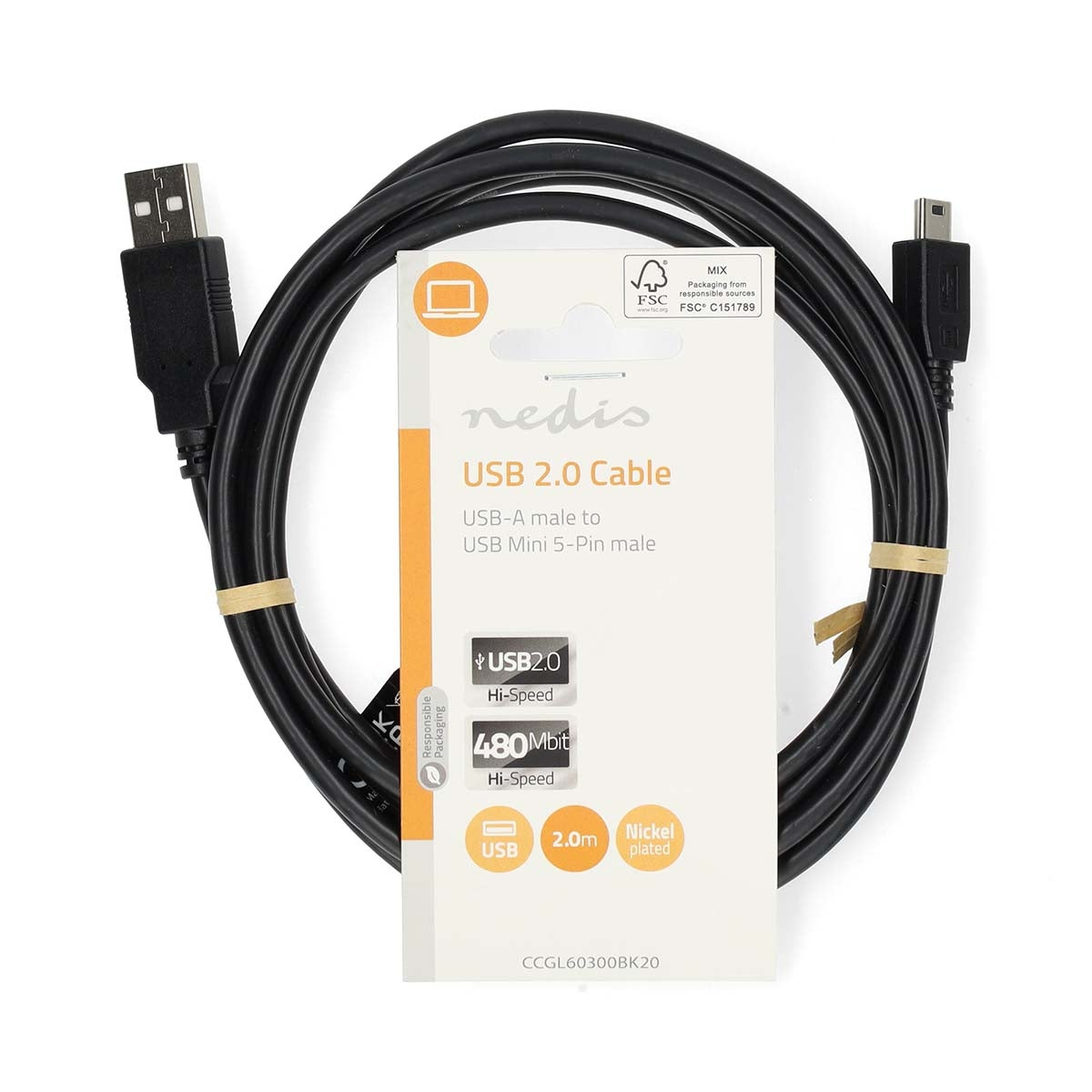 USB Cable | USB 2.0 | USB-A Male | USB Mini-B 5 pin Male | 480 Mbps | Nickel Plated | 2.00 m | Round | PVC | Black | Label