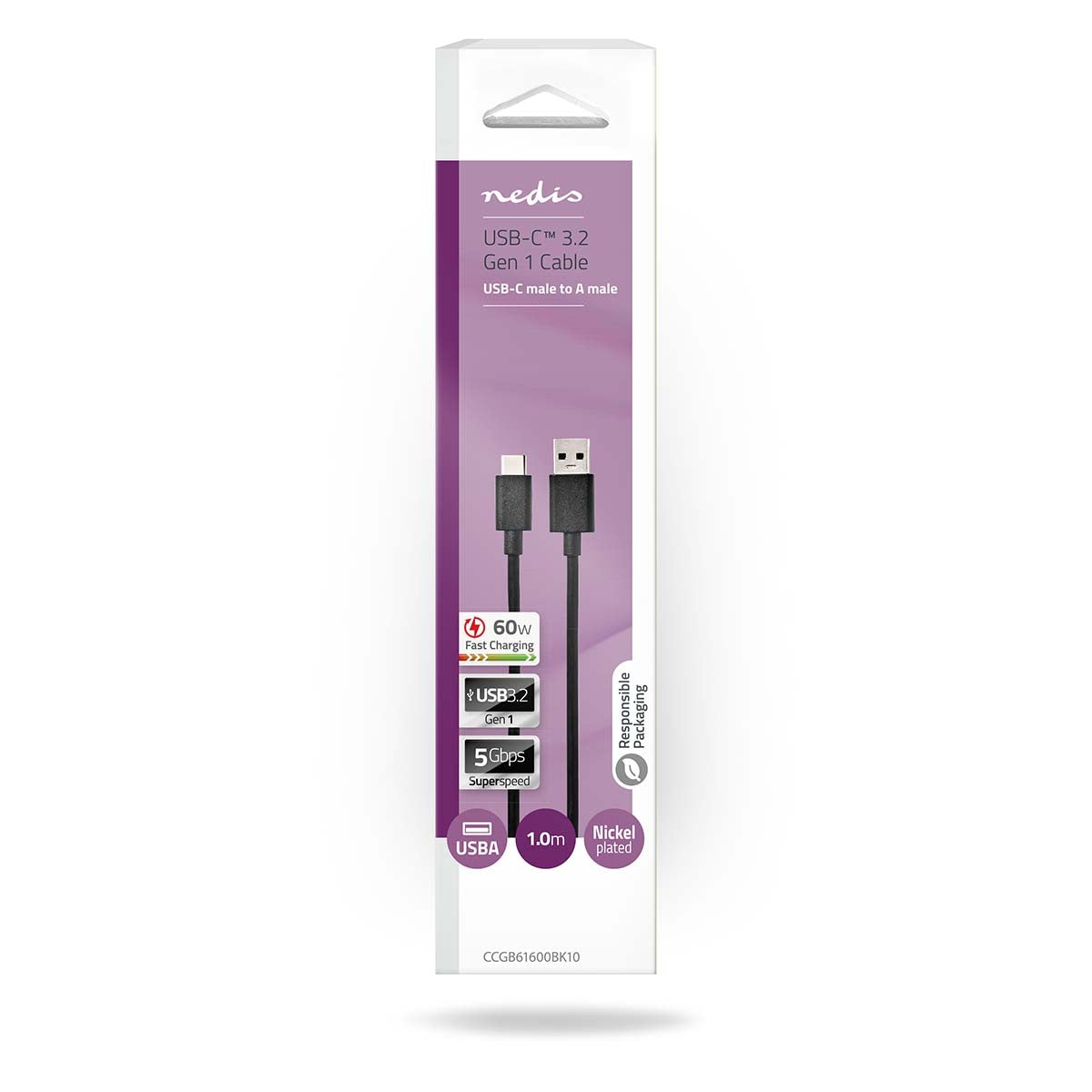 USB Cable | USB 3.2 Gen 1 | USB-A Male | USB-C™ Male | 60 W | 5 Gbps | Nickel Plated | 1.00 m | Round | PVC | Black | Box