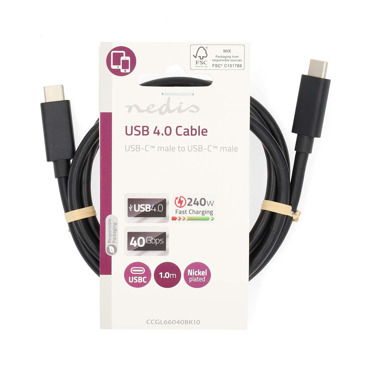 USB Cable | USB 4.0 Gen 3x2 | USB-C™ Male | USB-C™ Male | 240 W | 8K@60Hz | 40 Gbps | Nickel Plated | 1.00 m | Round | PVC | Black | Label