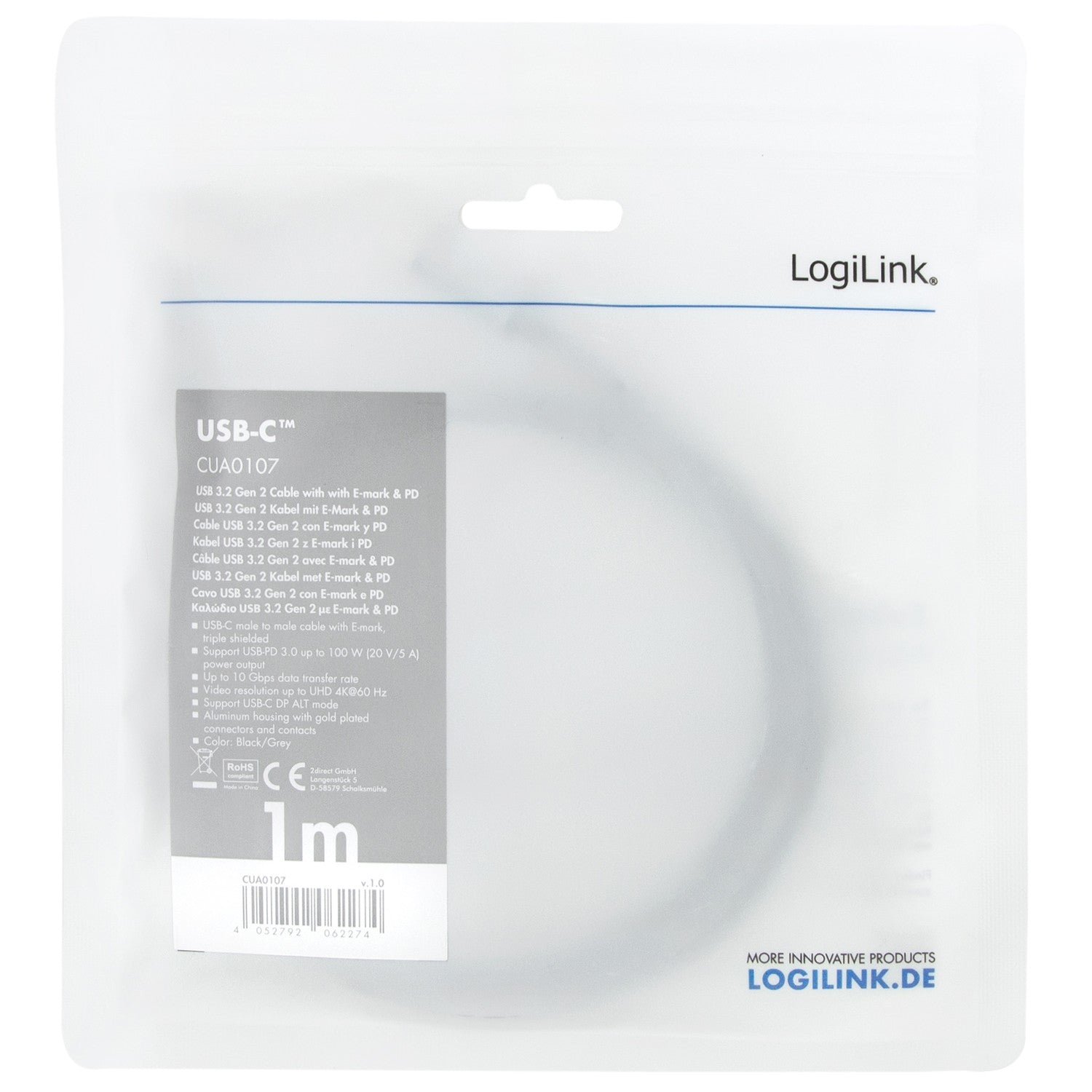 USB-C cable USB 3.2 Gen2 PD 3.0 100W 10Gbps 4K/60Hz Alu 1m