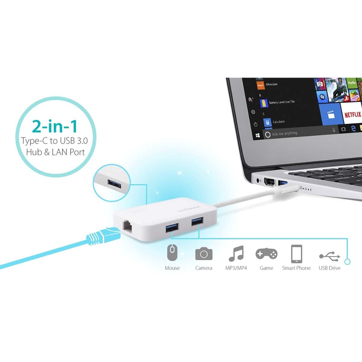 USB-C to 3-port USB 3.0 Gigabit Ethernet Hub