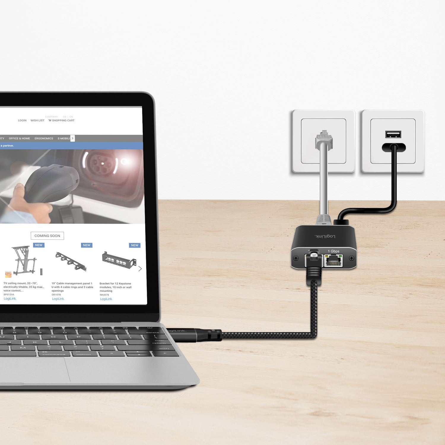 USB-C to RJ45 Ethernet Cable, 1 Gbps, 2m Length