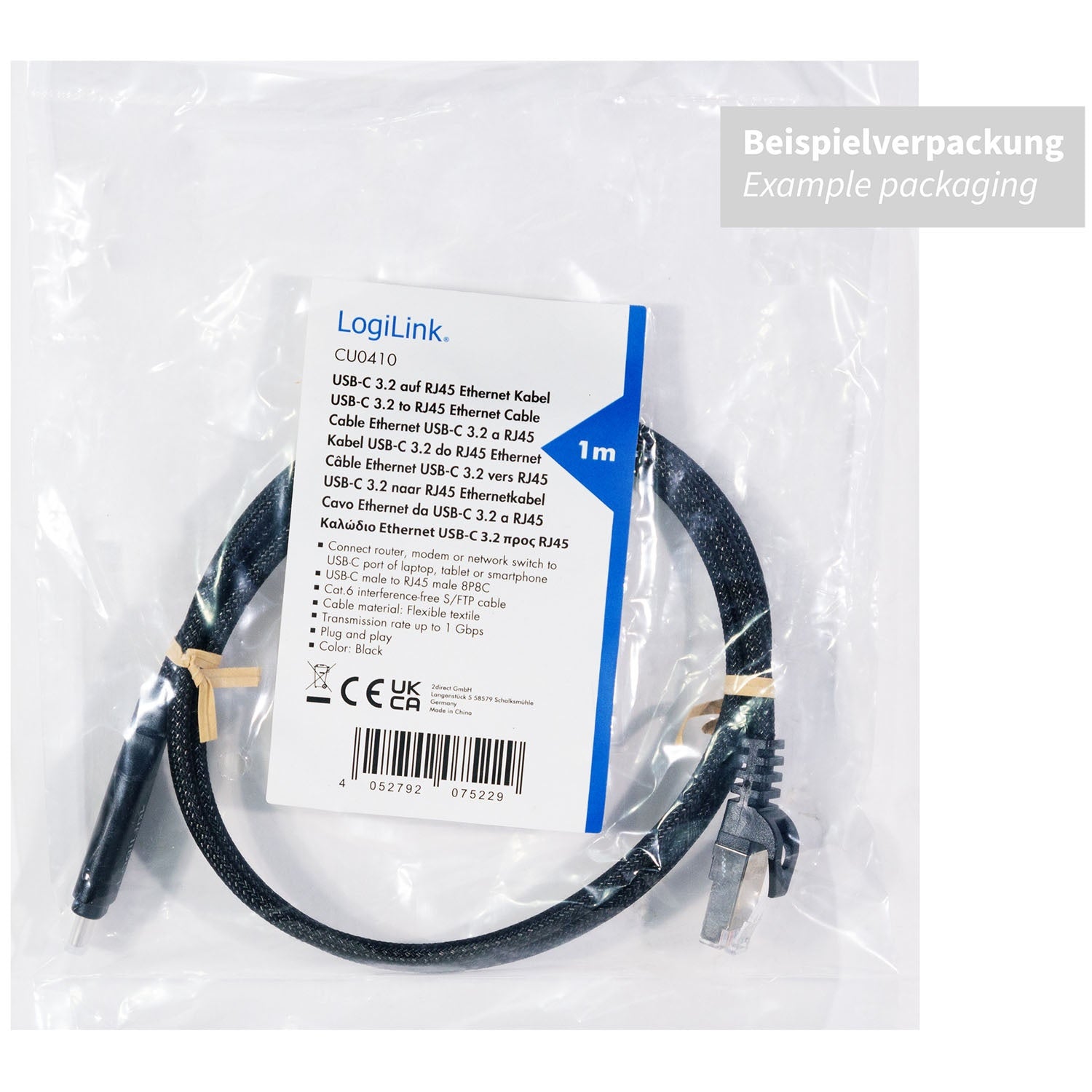 USB-C to RJ45 Ethernet Cable, 1 Gbps, 2m Length