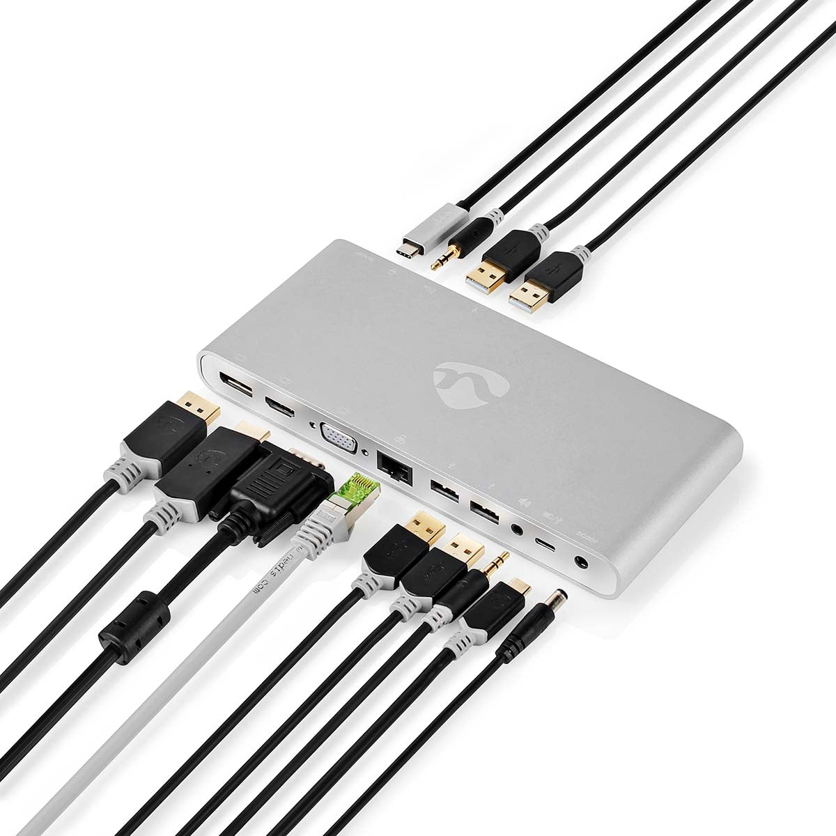 USB Docking Station | USB 3.2 Gen 1 | USB-C™ Male | DisplayPort Female / HDMI™ Female / RJ45 Female / VGA Female / 2x 3.5 mm Female / 2x USB-C™ / 4x USB-A | 0.20 m | Round | Nickel Plated | Braided / Nylon | White | Window Box with Euro Lock