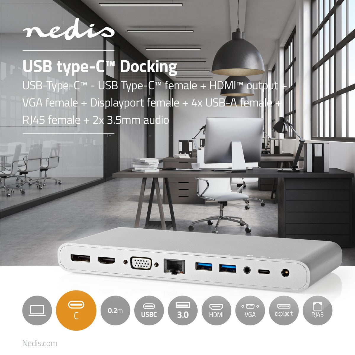 USB Docking Station | USB 3.2 Gen 1 | USB-C™ Male | DisplayPort Female / HDMI™ Female / RJ45 Female / VGA Female / 2x 3.5 mm Female / 2x USB-C™ / 4x USB-A | 0.20 m | Round | Nickel Plated | Braided / Nylon | White | Window Box with Euro Lock