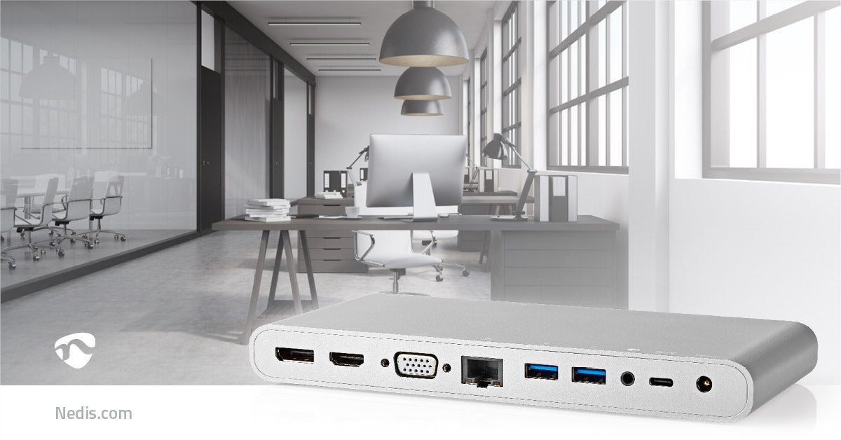 USB Docking Station | USB 3.2 Gen 1 | USB-C™ Male | DisplayPort Female / HDMI™ Female / RJ45 Female / VGA Female / 2x 3.5 mm Female / 2x USB-C™ / 4x USB-A | 0.20 m | Round | Nickel Plated | Braided / Nylon | White | Window Box with Euro Lock