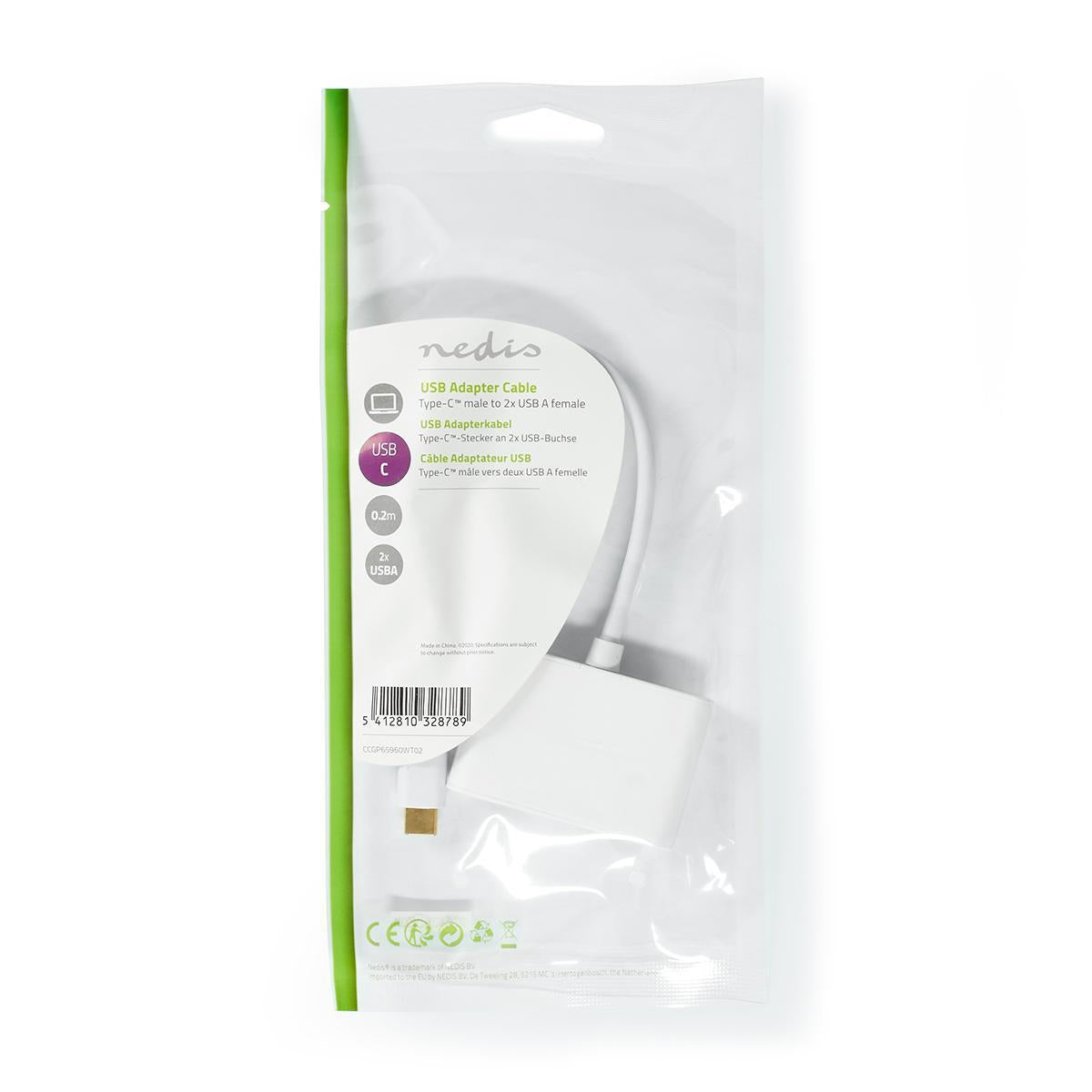 USB Multi-Port Adapter | USB 3.2 Gen 1 | USB-C™ Male | 2x USB-A | 5 Gbps | 0.20 m | Round | Nickel Plated | PVC | White | Plastic bag