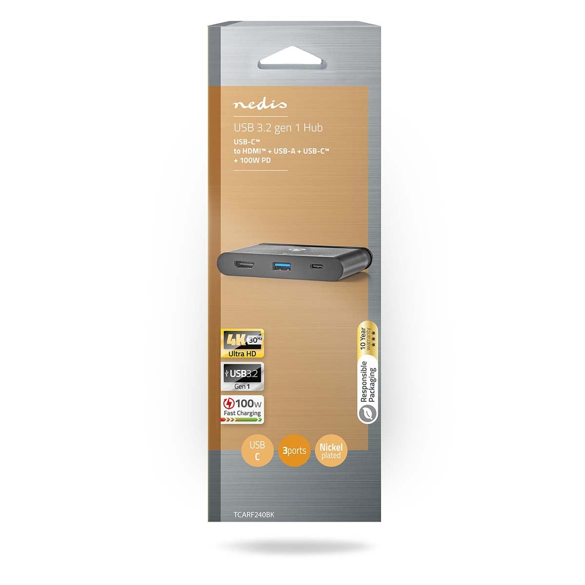 USB Multi-Port Adapter | USB 3.2 Gen 1 | USB-C™ Male | HDMI™ Female / USB-A Female / USB-C™ Female | Round | Nickel Plated | Black | Window Box with Euro Lock