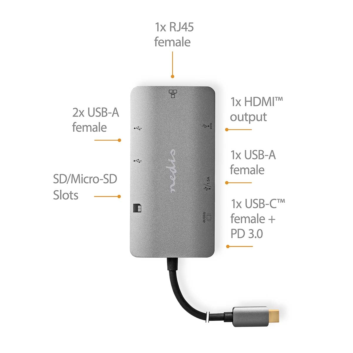 USB Multi-Port Adapter | USB 3.2 Gen 1 | USB-C™ Male | HDMI™ Output / Micro SD / RJ45 Female / SD / USB-C™ Female / 3x USB-A Female | 5 Gbps | 0.20 m | Round | Gold Plated | PVC | Anthracite | Box