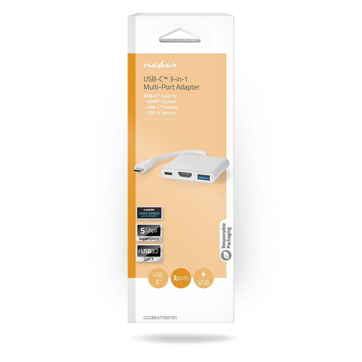 USB Multi-Port Adapter | USB 3.2 Gen 1 | USB-C™ Male | HDMI™ Output / USB-A Female / USB-C™ Female | 5 Gbps | 0.10 m | Round | Nickel Plated | PVC | White | Box