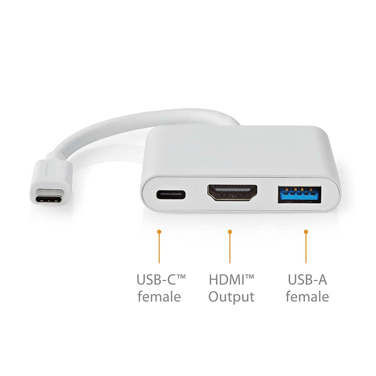 USB Multi-Port Adapter | USB 3.2 Gen 1 | USB-C™ Male | HDMI™ Output / USB-A Female / USB-C™ Female | 5 Gbps | 0.10 m | Round | Nickel Plated | PVC | White | Box
