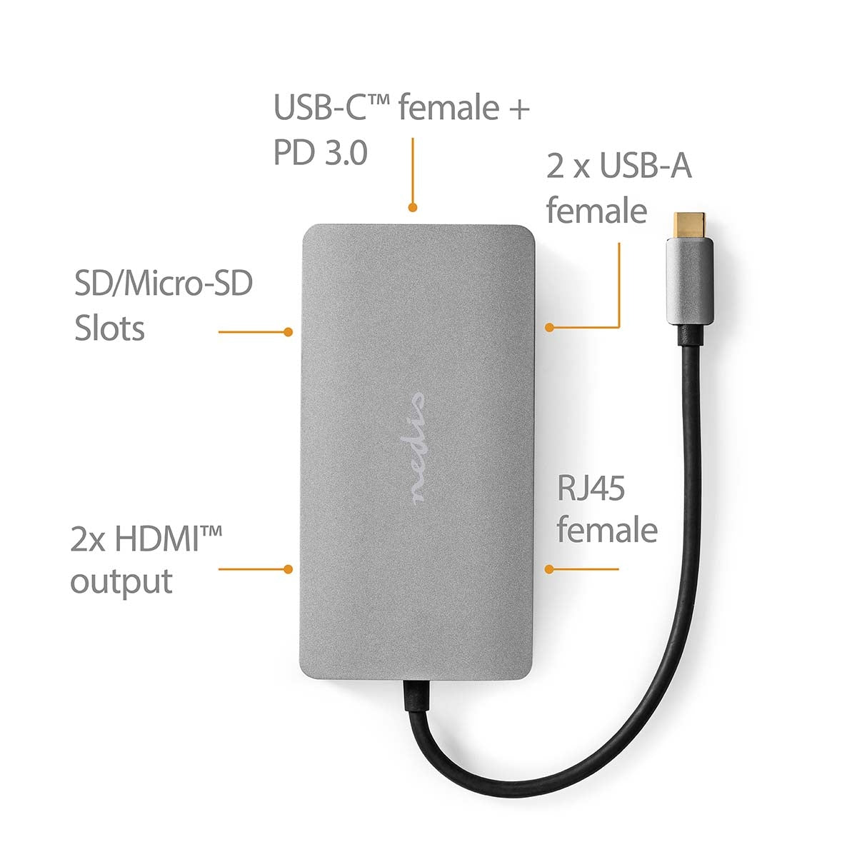 USB Multi-Port Adapter | USB 3.2 Gen 1 | USB-C™ Male | Micro SD / RJ45 Female / SD / USB-C™ Female / 2x HDMI™ / 2x USB-A Female | 5 Gbps | 0.20 m | Round | Gold Plated | PVC | Anthracite | Box