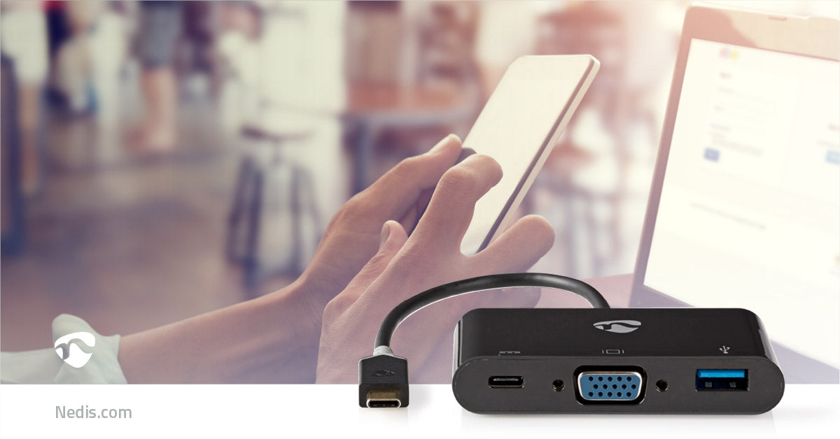 USB Multi-Port Adapter | USB 3.2 Gen 1 | USB-C™ Male | USB-A Female / USB-C™ Female / VGA Female 15p | 0.20 m | Round | Gold Plated | PVC | Anthracite | Cardboard box with window