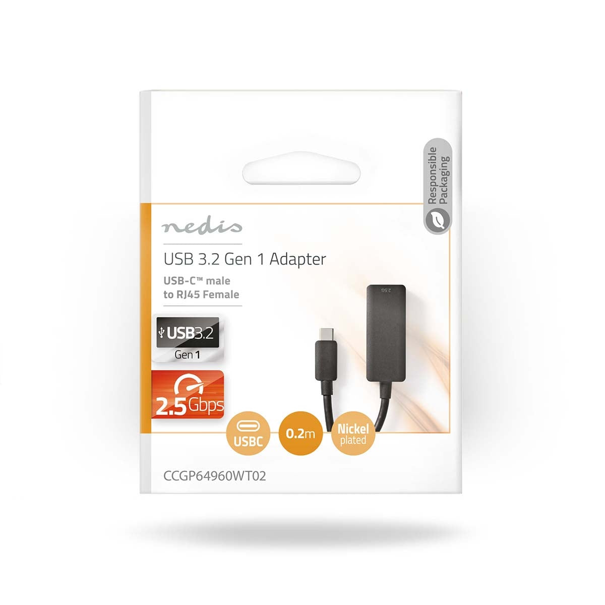 USB Network Card | USB 3.2 Gen 1 | 2.5 Gbps | USB-C™ Male | RJ45 Female | 0.2 m| Round | Gold Plated | Tinned Copper | Black | Envelope