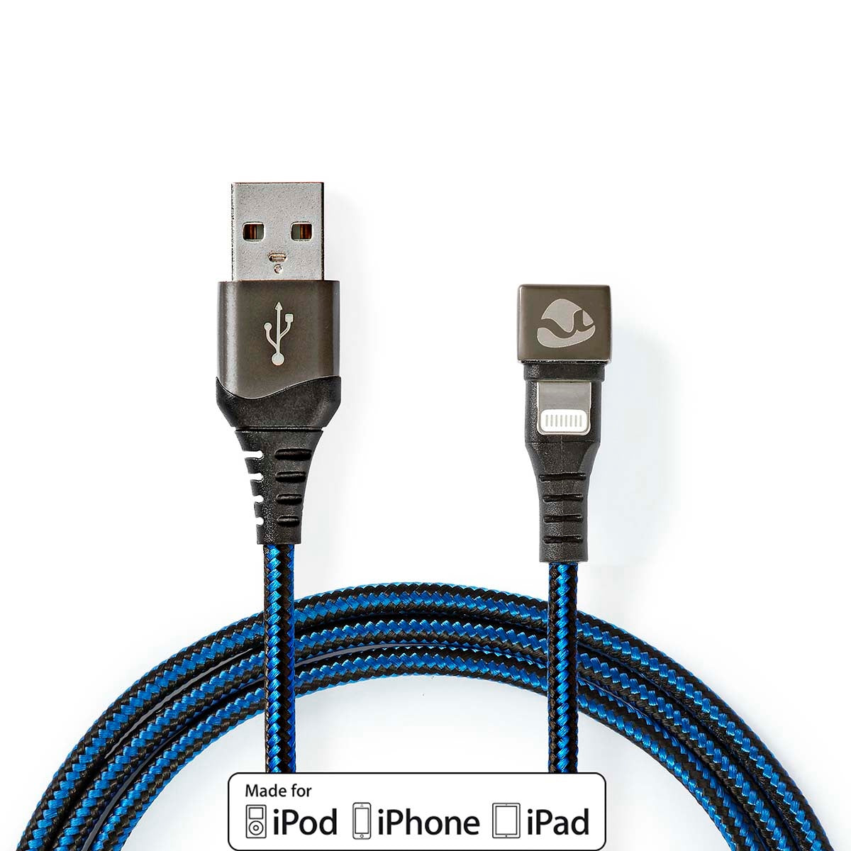 USB cable | USB 2.0 | Apple Lightning, 8-pin | USB-A Male | 12 W| 480 Mbps | Nickel Plated | 1.00 m | Round | Braided / Nylon | Blue / Black | Carton with covered window