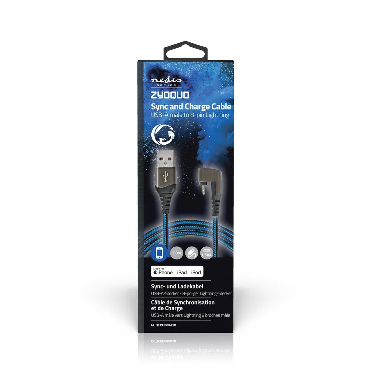 USB cable | USB 2.0 | Apple Lightning, 8-pin | USB-A Male | 12 W| 480 Mbps | Nickel Plated | 1.00 m | Round | Braided / Nylon | Blue / Black | Carton with covered window