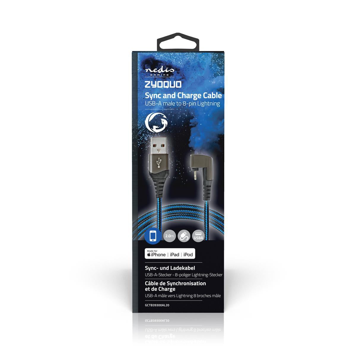 USB cable | USB 2.0 | Apple Lightning, 8-pin | USB-A Male | 12 W| 480 Mbps | Nickel Plated | 2.00 m | Round | Braided / Nylon | Blue / Black | Carton with covered window