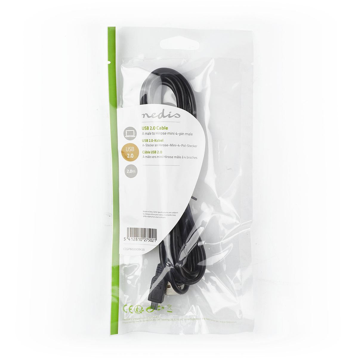 USB cable | USB 2.0 | USB-A Male | Mini 4-Pin Male | 480 Mbps | Nickel Plated | 2.00 m | Round | PVC | Black | Plastic bag