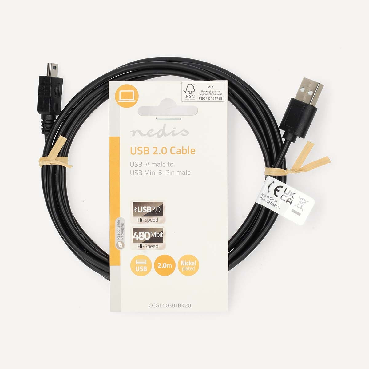 USB cable | USB 2.0 | USB-A Male | Mini 5-Pin Male | 480 Mbps | Nickel Plated | 2.00 m | Round | PVC | Black | Label