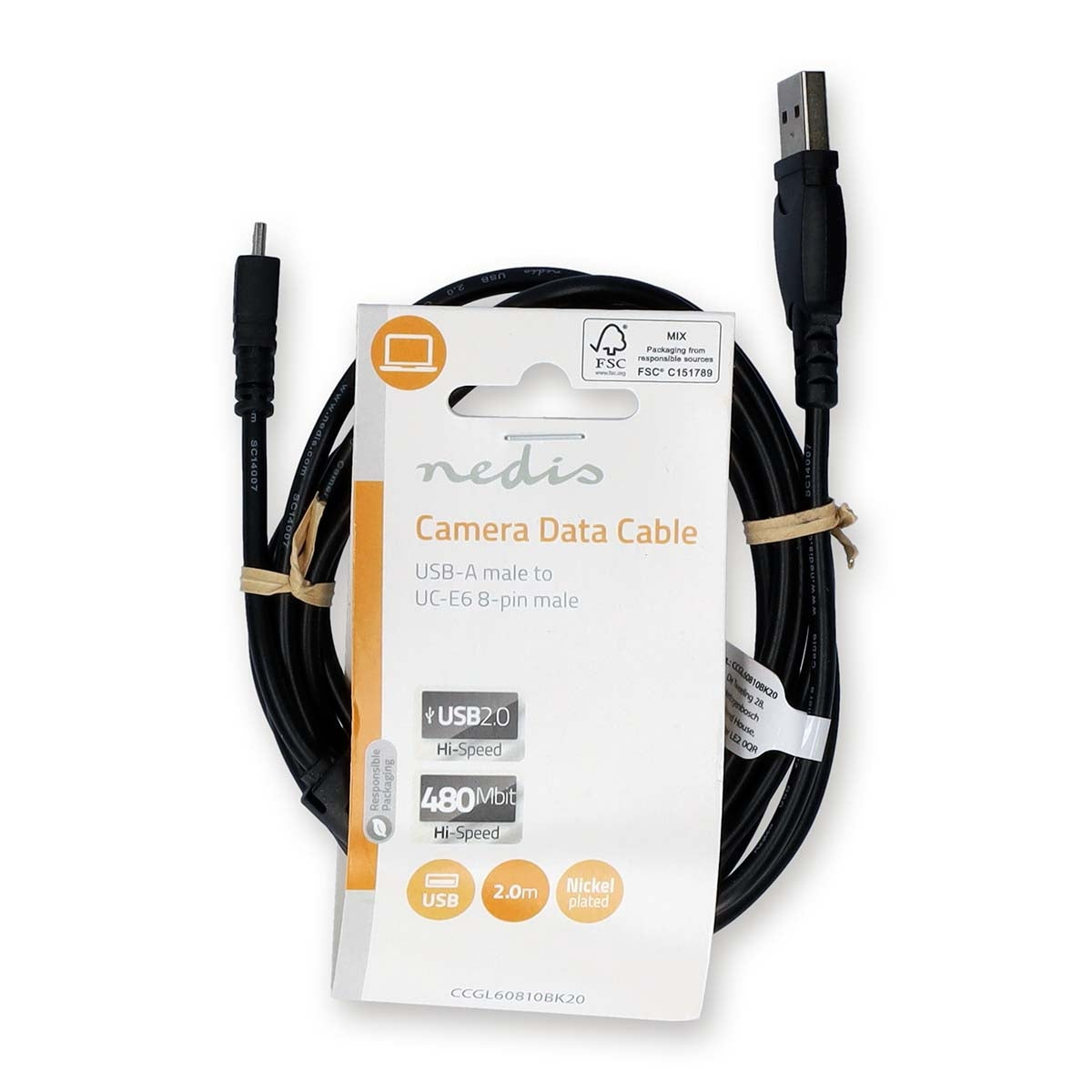 USB cable | USB 2.0 | USB-A Male | UC-E6 8-Pins Male | 480 Mbps | Nickel Plated | 2.00 m | Round | PVC | Black | Label