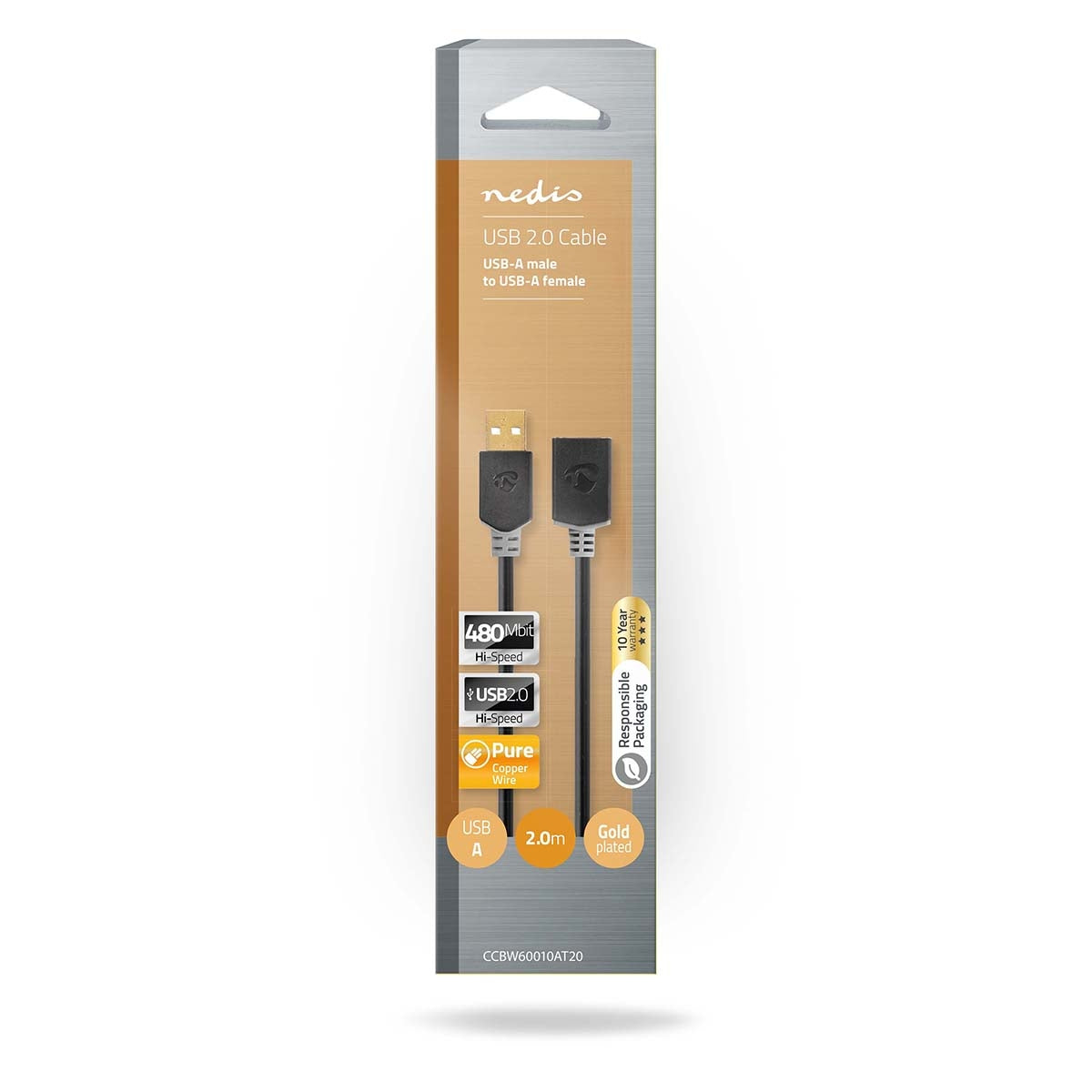USB cable | USB 2.0 | USB-A Male | USB-A Female | 480 Mbps | Gold Plated | 2.00 m | Round | PVC | Anthracite | Box