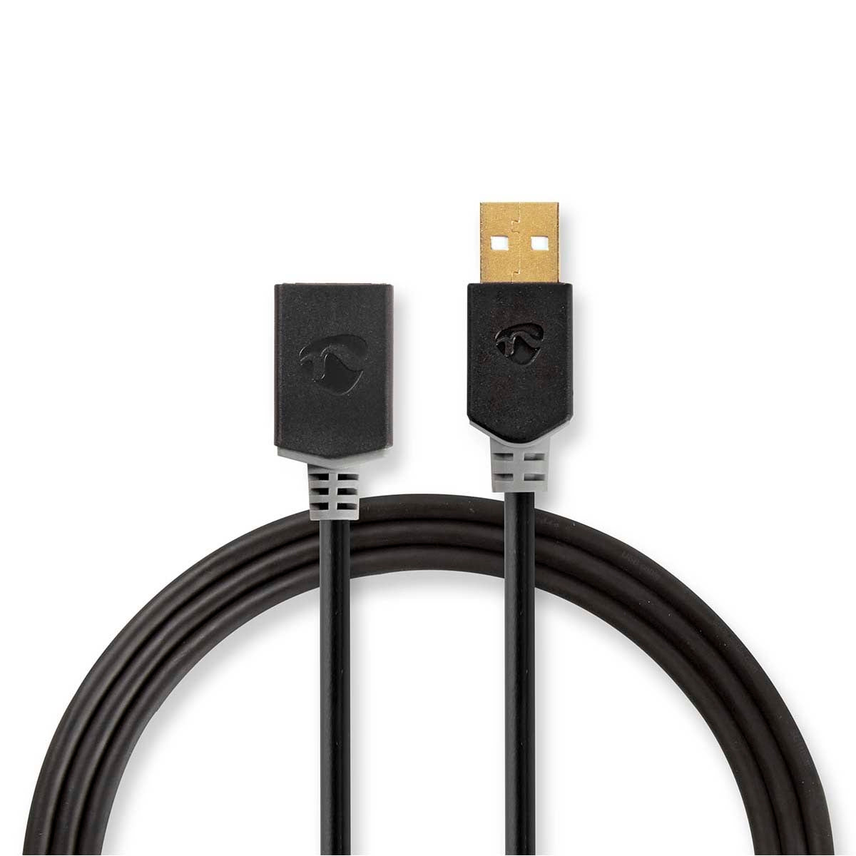 USB cable | USB 2.0 | USB-A Male | USB-A Female | 480 Mbps | Gold Plated | 3.00 m | Round | PVC | Anthracite | Box