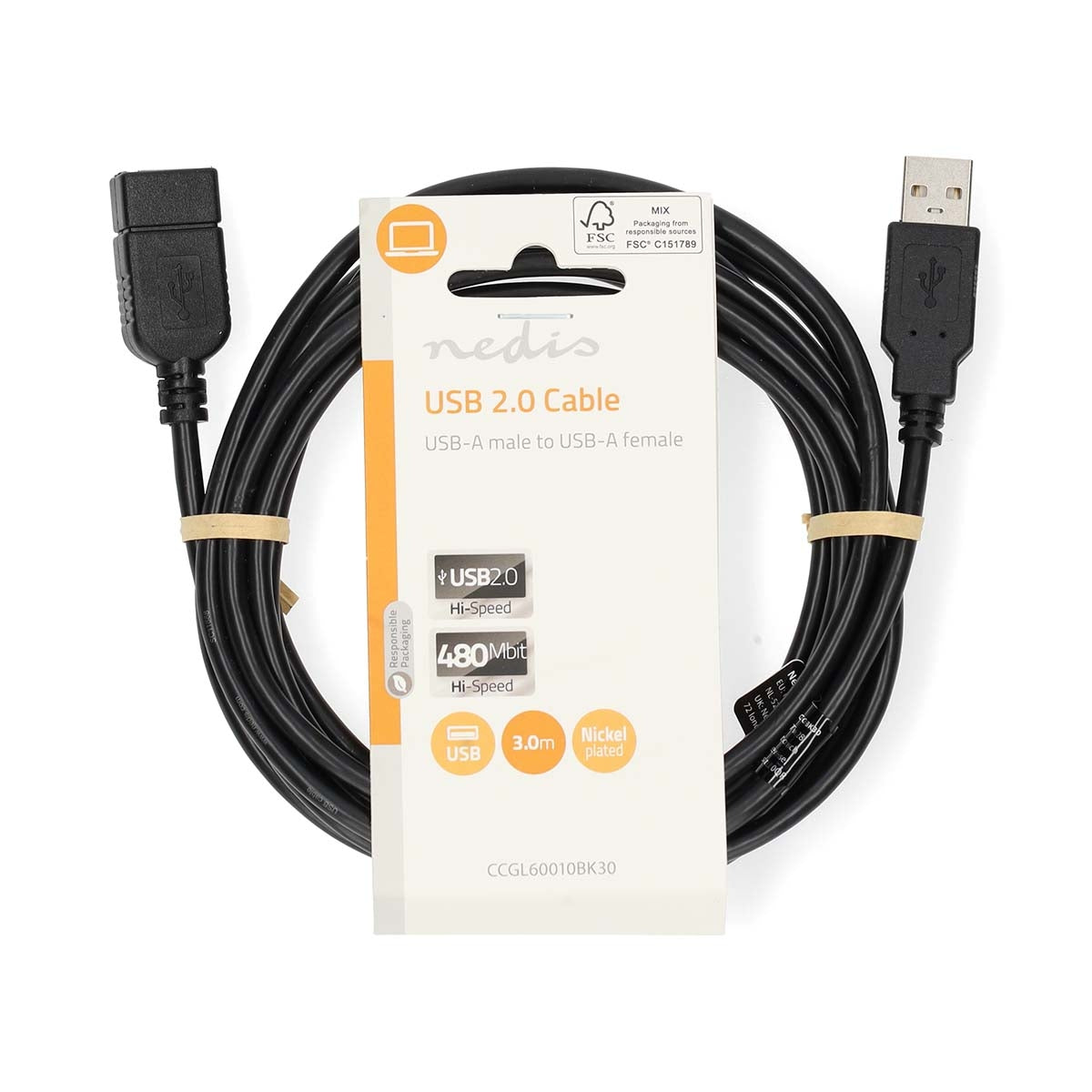 USB cable | USB 2.0 | USB-A Male | USB-A Female | 480 Mbps | Nickel Plated | 3.00 m | Round | PVC | Black | Label