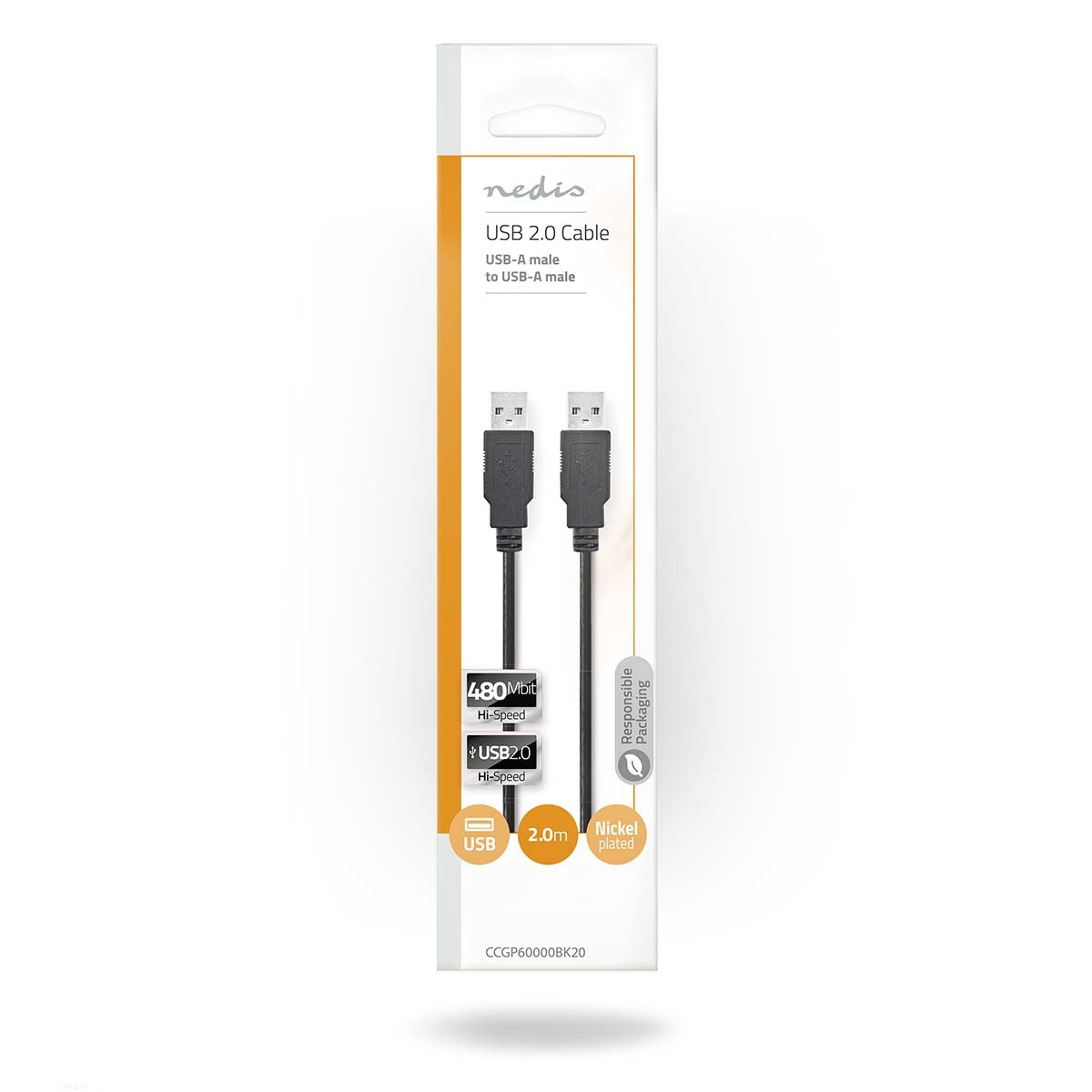 USB cable | USB 2.0 | USB-A Male | USB-A Male | 480 Mbps | Nickel Plated | 2.00 m | Round | PVC | Black | Envelope