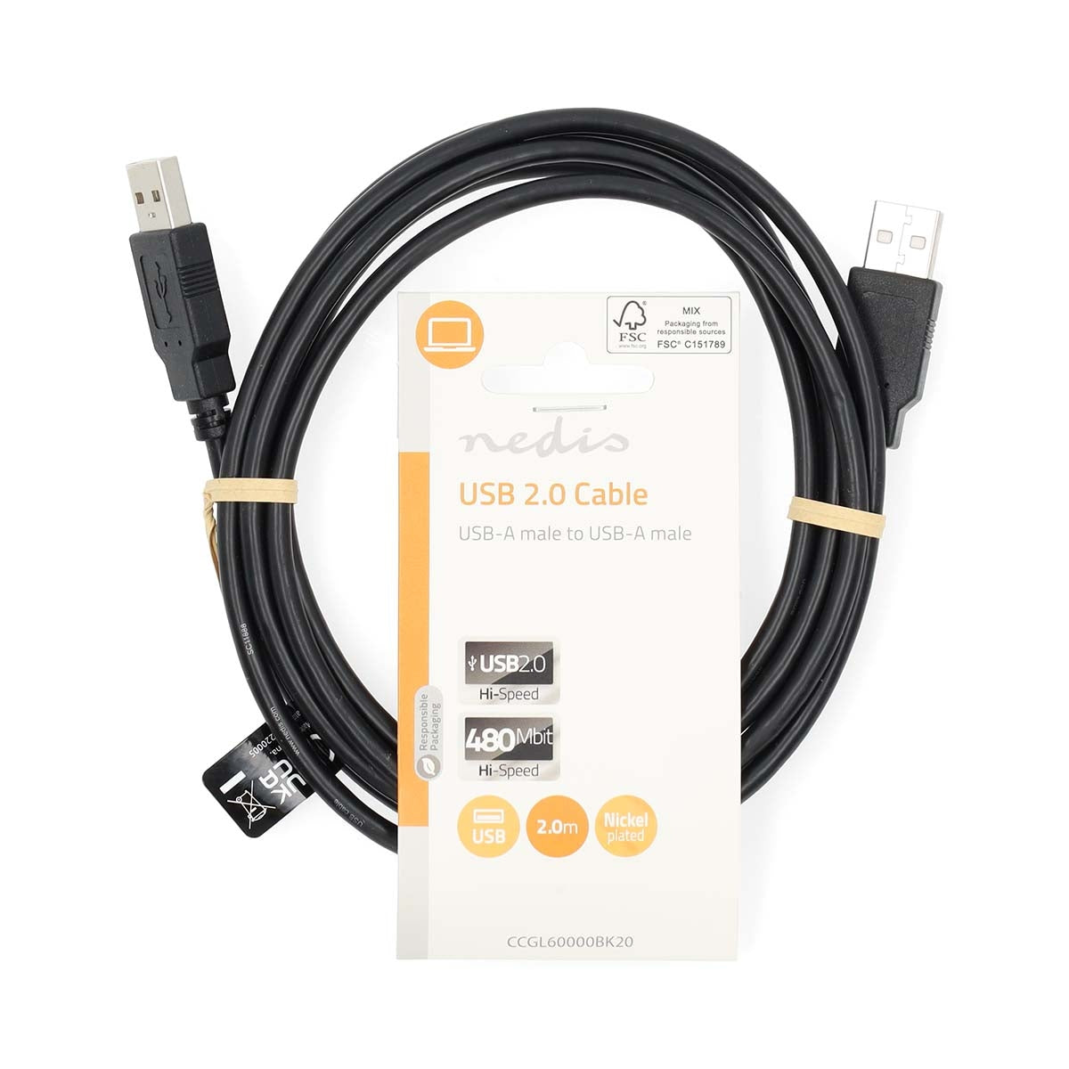 USB cable | USB 2.0 | USB-A Male | USB-A Male | 480 Mbps | Nickel Plated | 2.00 m | Round | PVC | Black | Label