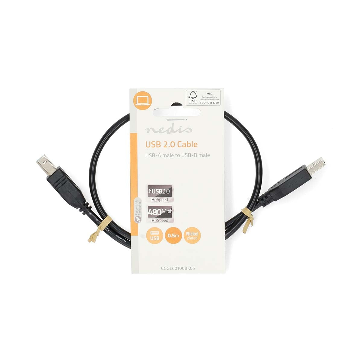 USB cable | USB 2.0 | USB-A Male | USB-B Male | 10 W| 480 Mbps | Nickel Plated | 0.50 m | Round | PVC | Black | Label