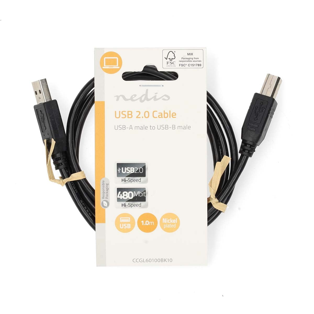USB cable | USB 2.0 | USB-A Male | USB-B Male | 10 W| 480 Mbps | Nickel Plated | 1.00 m | Round | PVC | Black | Label