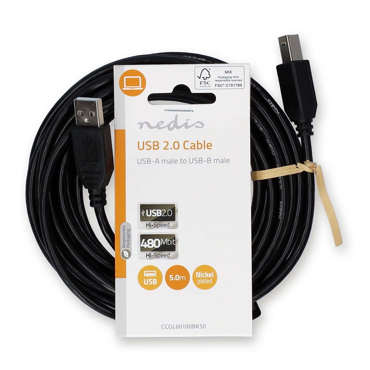 USB cable | USB 2.0 | USB-A Male | USB-B Male | 10 W| 480 Mbps | Nickel Plated | 5.00 m | Round | PVC | Black | Label