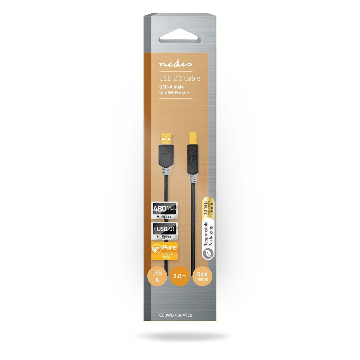 USB cable | USB 2.0 | USB-A Male | USB-B Male | 480 Mbps | Gold Plated | 2.00 m | Round | PVC | Anthracite | Box